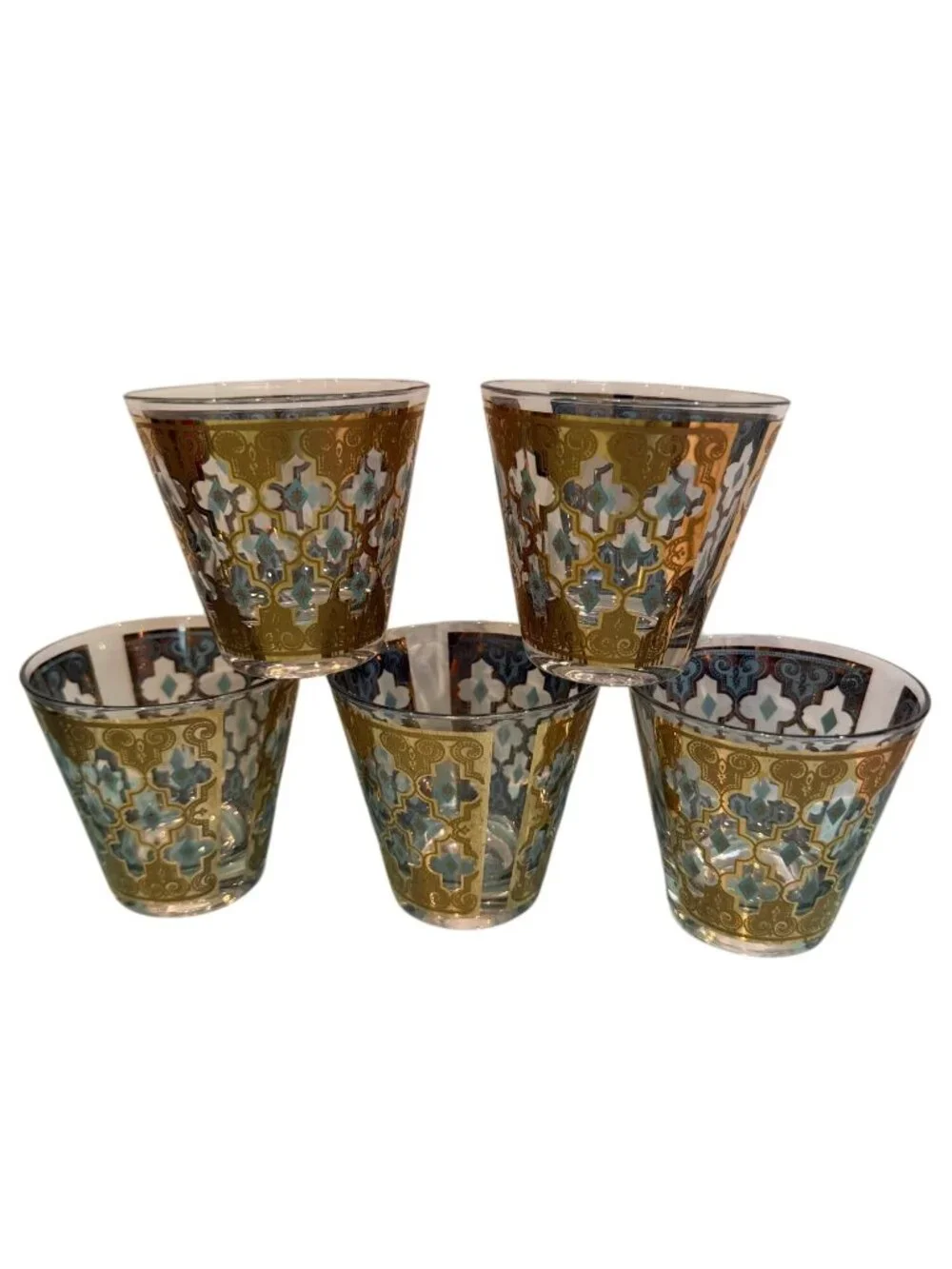 Culver Set of 5 MCM Seville 22K Gold Lattice Cocktail Glass Blue Vintage Rare